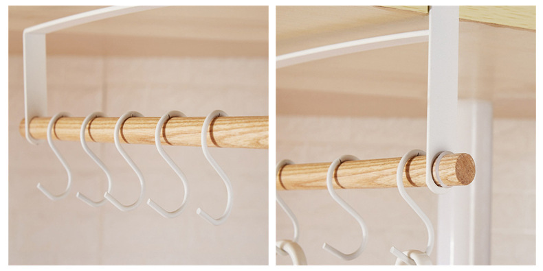Japanese-Style Iron Cabinet Lower Hook Cup Holder Towel Storage Nail-Free Non-Perforated Wooden Handle Hanging Storage Rack
