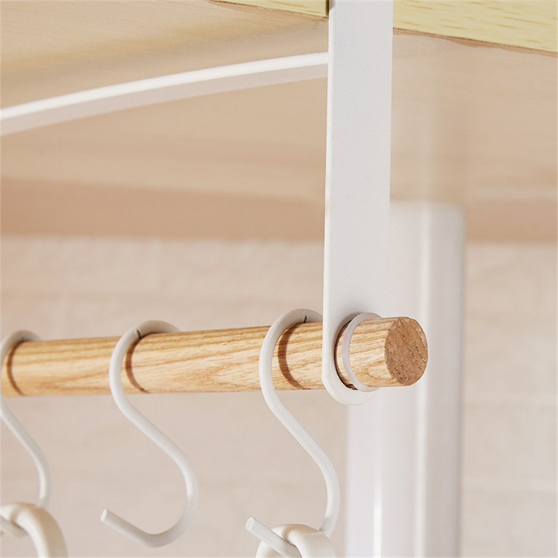 Japanese-Style Iron Cabinet Lower Hook Cup Holder Towel Storage Nail-Free Non-Perforated Wooden Handle Hanging Storage Rack