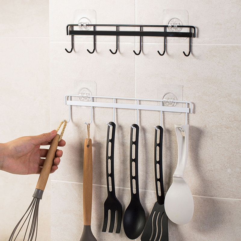 Punch-Free Six Hooks Kitchen Strong Sticky Hook Iron Kitchenware Row Hook Wall Hanging Non-Marking Strong Viscose Hook