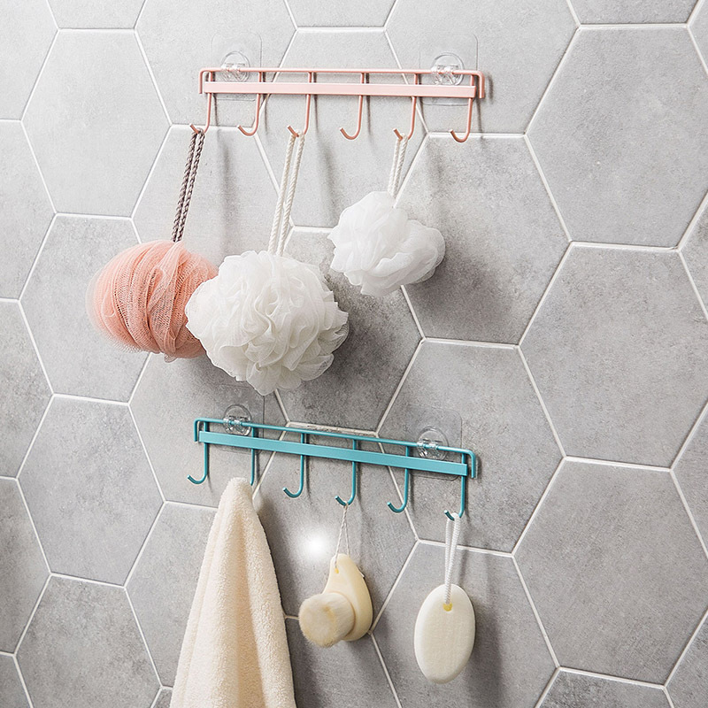 Punch-Free Six Hooks Kitchen Strong Sticky Hook Iron Kitchenware Row Hook Wall Hanging Non-Marking Strong Viscose Hook