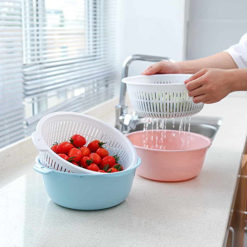 Double-Layer Plastic Drain Basket Kitchen round Fruit Basket Household Storage Water Filter Washing Basin Minimalist Creative Washing Vegetable Basket