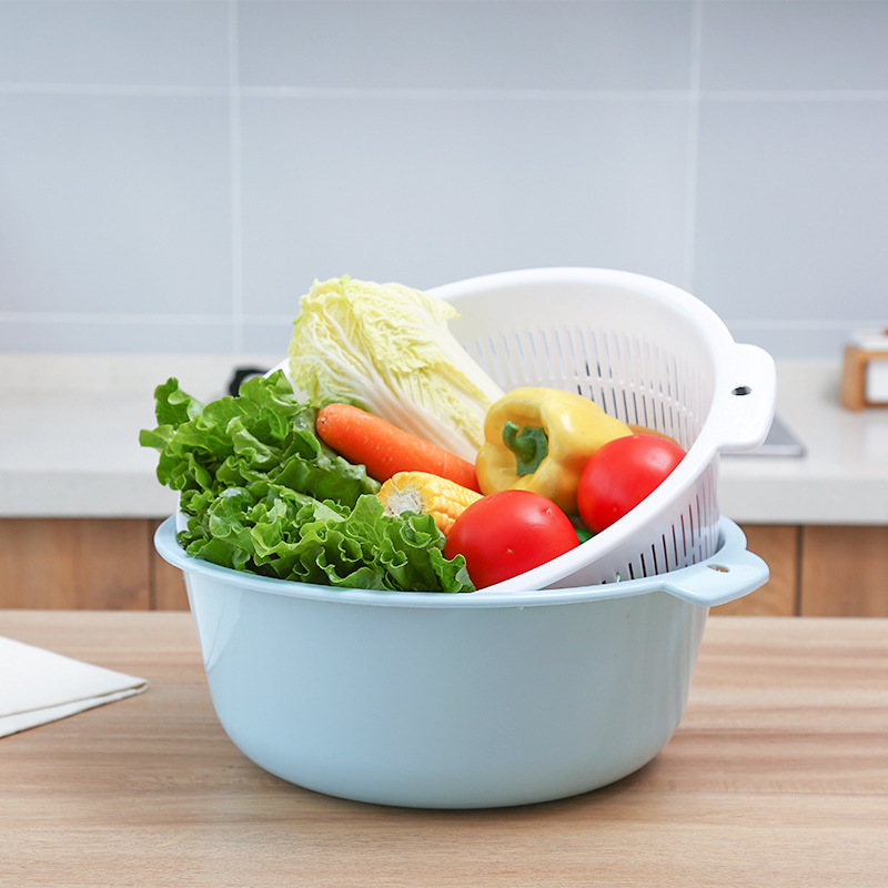 Double-Layer Plastic Drain Basket Kitchen round Fruit Basket Household Storage Water Filter Washing Basin Minimalist Creative Washing Vegetable Basket