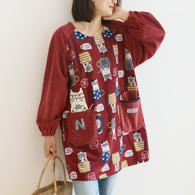 Daily Order Cute Cartoon Autumn and Winter Warm Apron Plush Homewear Overclothes Bib Antifouling Kitchen Long Sleeve Apron