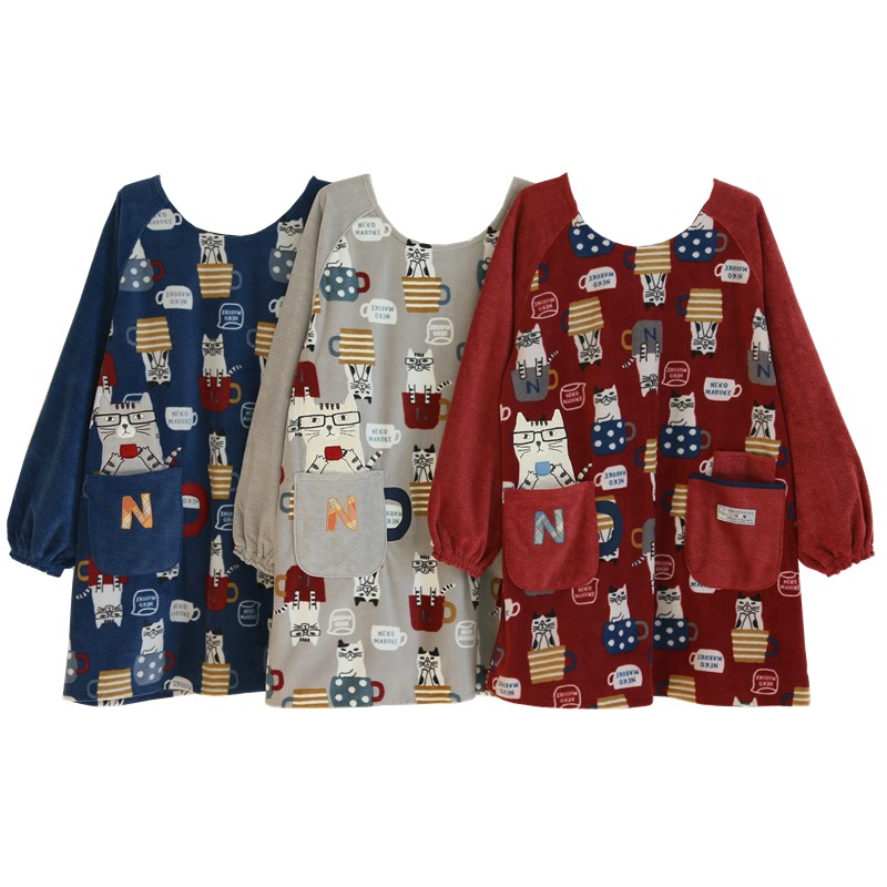 Daily Order Cute Cartoon Autumn and Winter Warm Apron Plush Homewear Overclothes Bib Antifouling Kitchen Long Sleeve Apron