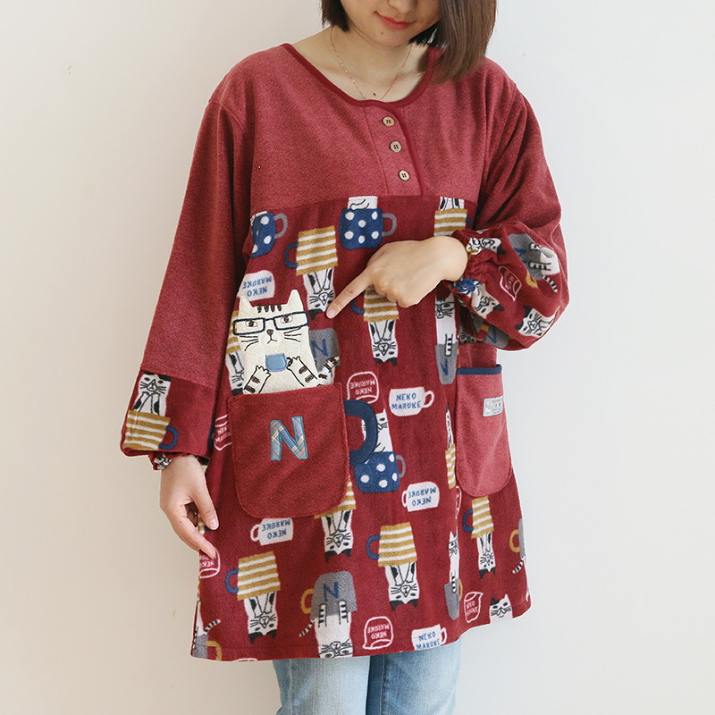 Daily Order Cute Cartoon Autumn and Winter Warm Apron Plush Homewear Overclothes Bib Antifouling Kitchen Long Sleeve Apron