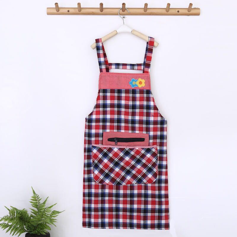 New Two Flower Zipper Apron Plaid Pure Cotton Household Sleeveless Apron Apron Custom Factory Direct Sales