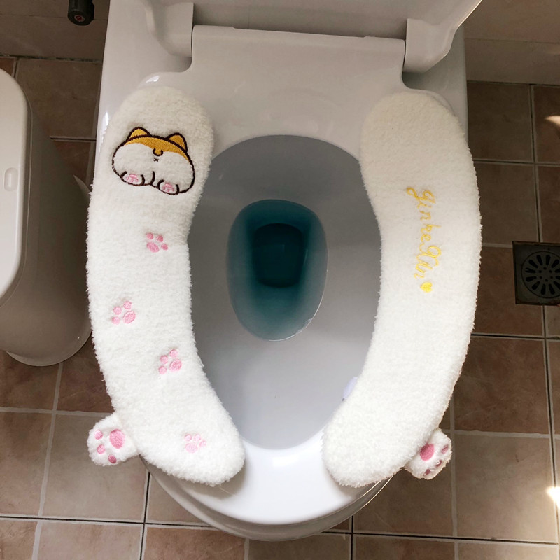 Corgi Ass Cartoon Two Pieces Toilet Mat Household Velcro Plush Toilet Cushion Winter Warm Toilet Seat Cushion