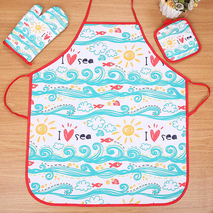 Ocean Microwave Oven Gloves Mat Apron Three Suits Heat Resistant Padded Heat Insulation Gloves Mat Apron Set