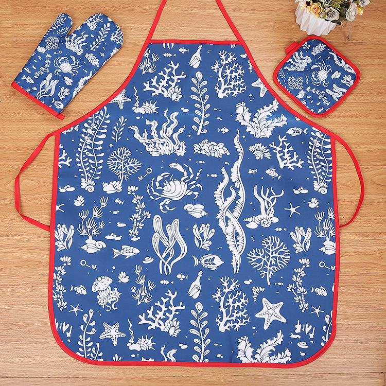 Ocean Microwave Oven Gloves Mat Apron Three Suits Heat Resistant Padded Heat Insulation Gloves Mat Apron Set