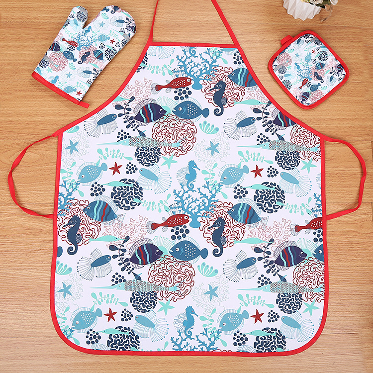 Ocean Microwave Oven Gloves Mat Apron Three Suits Heat Resistant Padded Heat Insulation Gloves Mat Apron Set