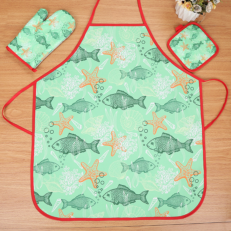 Ocean Microwave Oven Gloves Mat Apron Three Suits Heat Resistant Padded Heat Insulation Gloves Mat Apron Set