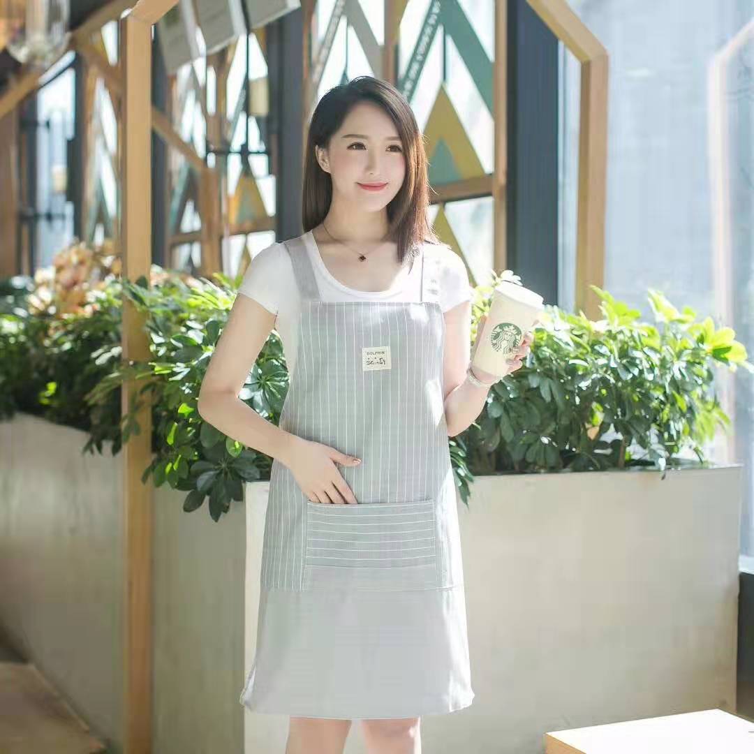 2020 fashion Korean plain but elegant stripe fashion double waterproof, anti - pollution anti - oil kitchen apron