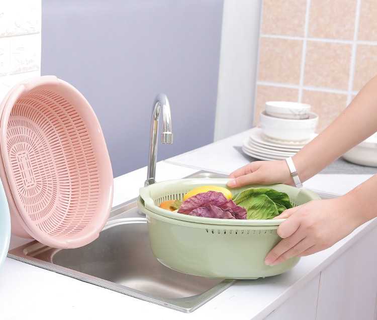 Plastic Double-Layer Vegetable Washing Basket Drain Basket Vegetable Washing Basket Kitchen Multi-Functional Washing Vegetables Basin Fruit Basket