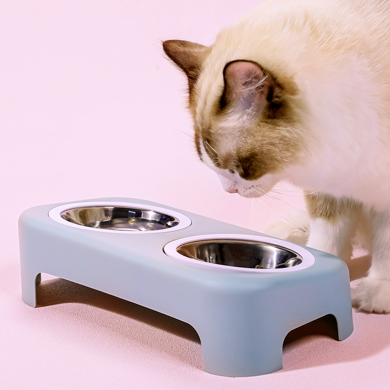 Wholesale New Stainless Steel Dog Bowl Cat Simple Pet Double Bowl Candy Color Plastic Dog Basin Tableware Pet Bowl