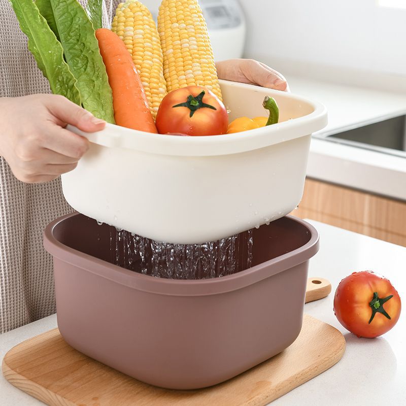 Double-Layer Hollow Fruit Basin Wash Fruit Drain Basket Household Fruit Baskets Creative Plastic Vegetable Basket Kitchen Washing Basin