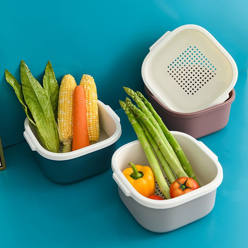 Double-Layer Hollow Fruit Basin Wash Fruit Drain Basket Household Fruit Baskets Creative Plastic Vegetable Basket Kitchen Washing Basin