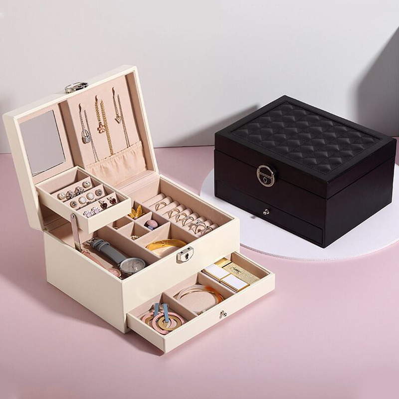 New Leather Jewellery Box Korean Jewelry Storage Box Monochrome Temperament Multi-Layer Large Capacity Jewelry Box