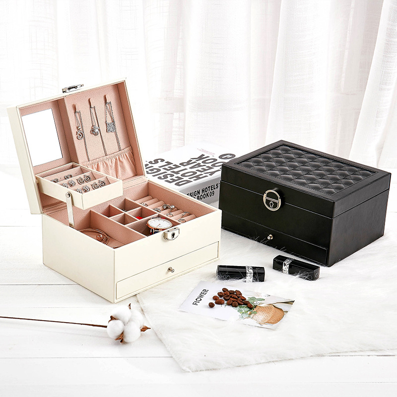 New Leather Jewellery Box Korean Jewelry Storage Box Monochrome Temperament Multi-Layer Large Capacity Jewelry Box