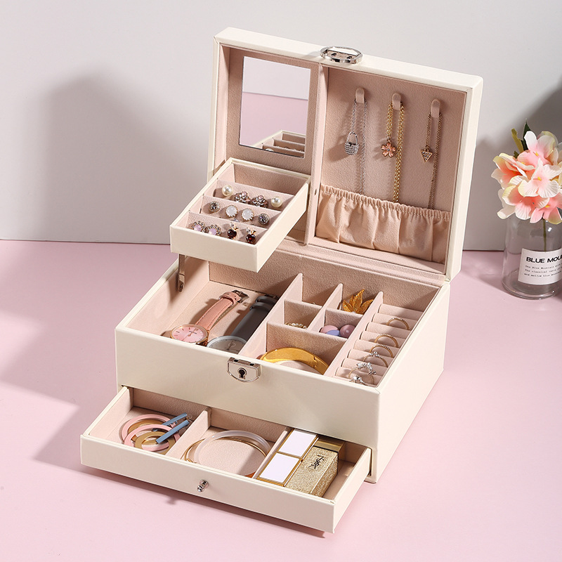New Leather Jewellery Box Korean Jewelry Storage Box Monochrome Temperament Multi-Layer Large Capacity Jewelry Box
