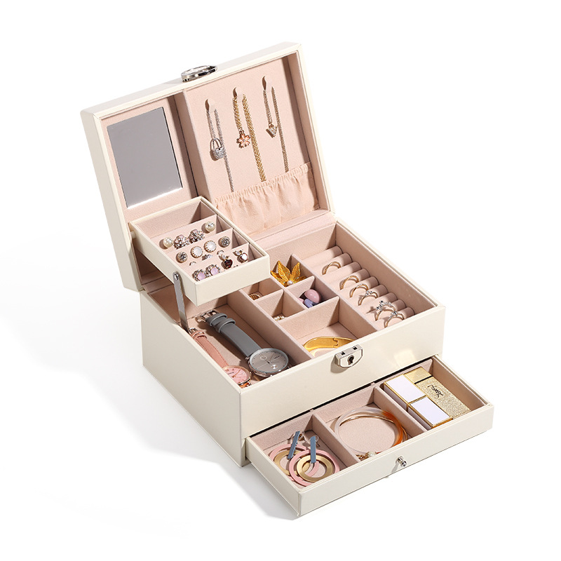 New Leather Jewellery Box Korean Jewelry Storage Box Monochrome Temperament Multi-Layer Large Capacity Jewelry Box