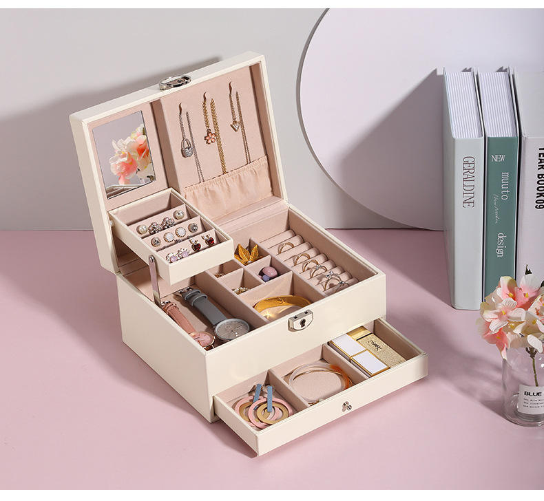 New Leather Jewellery Box Korean Jewelry Storage Box Monochrome Temperament Multi-Layer Large Capacity Jewelry Box