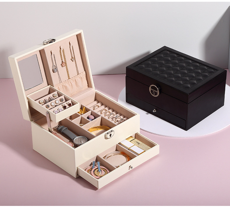 New Leather Jewellery Box Korean Jewelry Storage Box Monochrome Temperament Multi-Layer Large Capacity Jewelry Box