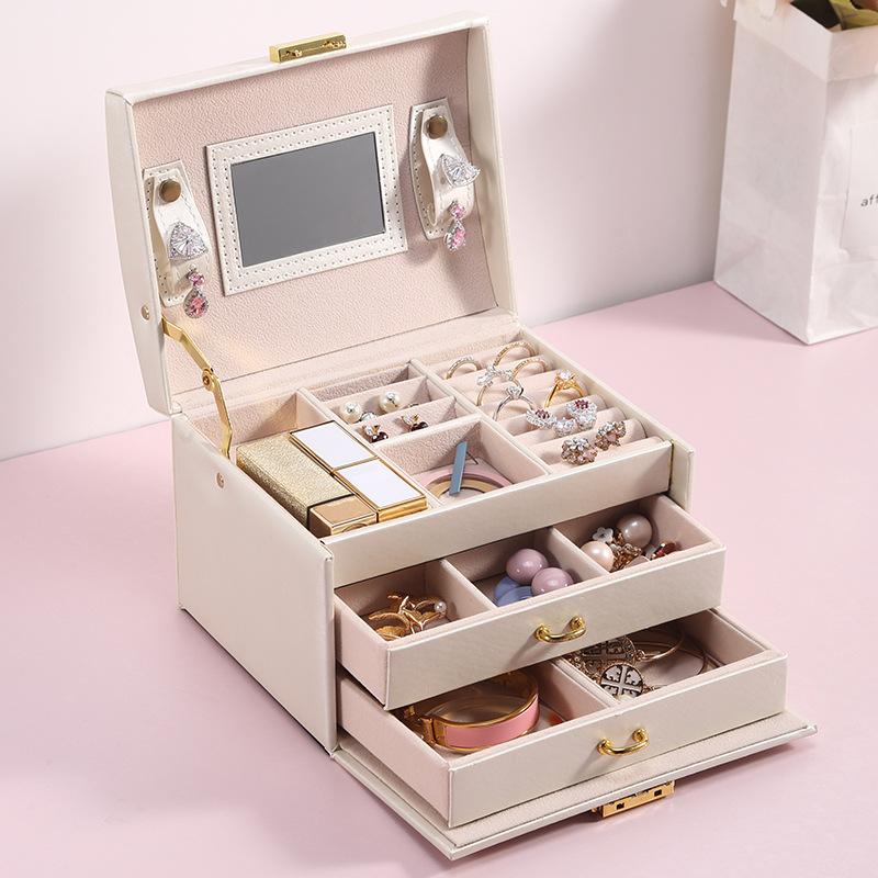 Cross-Border Shangpin PU Leather Jewelry Box Three-Layer Double Drawer Jewellery Box Rings Ear Studs Earrings Large Storage Box
