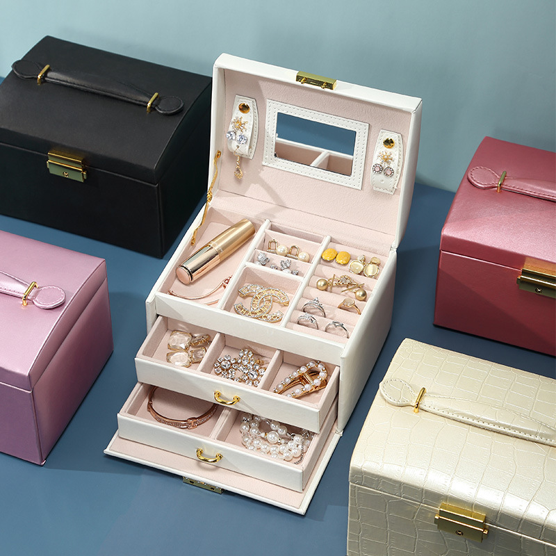 Cross-Border Shangpin PU Leather Jewelry Box Three-Layer Double Drawer Jewellery Box Rings Ear Studs Earrings Large Storage Box