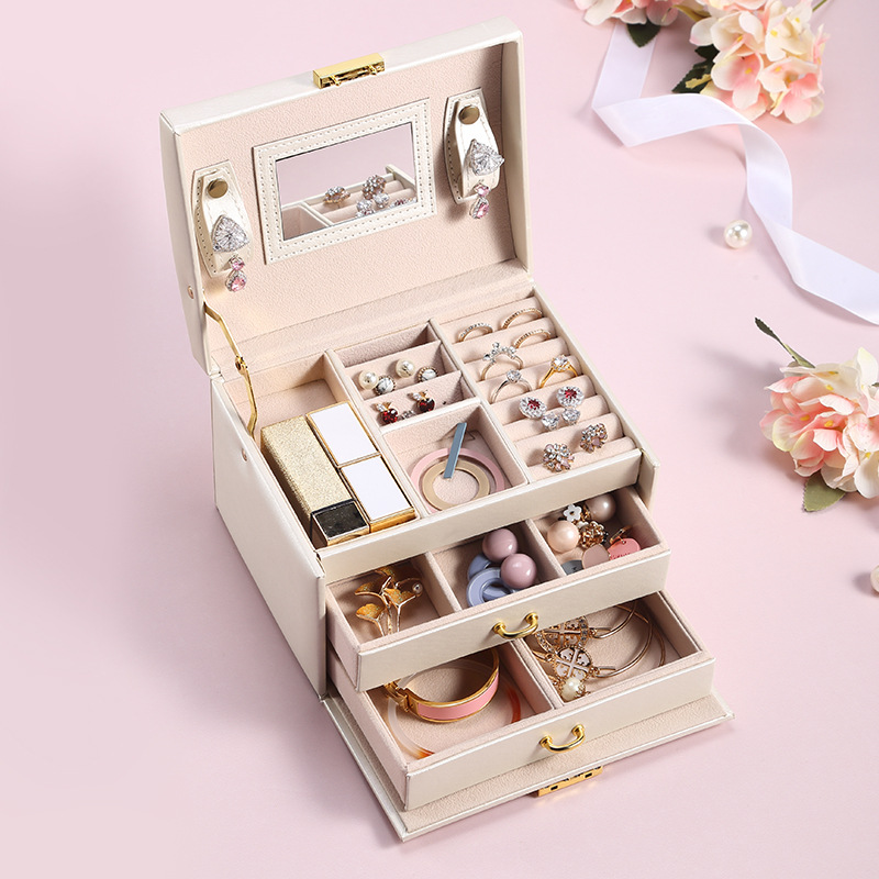 Cross-Border Shangpin PU Leather Jewelry Box Three-Layer Double Drawer Jewellery Box Rings Ear Studs Earrings Large Storage Box