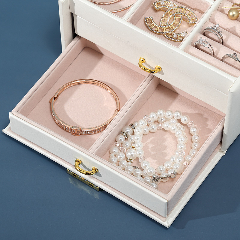 Cross-Border Shangpin PU Leather Jewelry Box Three-Layer Double Drawer Jewellery Box Rings Ear Studs Earrings Large Storage Box