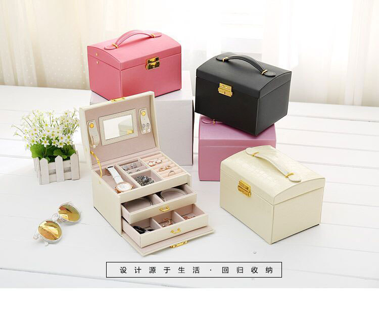 Cross-Border Shangpin PU Leather Jewelry Box Three-Layer Double Drawer Jewellery Box Rings Ear Studs Earrings Large Storage Box