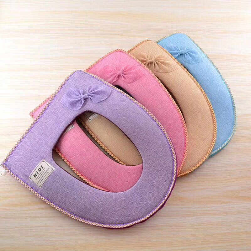 Linen Toilet Seat Cushion Antibacterial Universal Warm Waterproof Household Washer Plush Velcro Toilet Cover
