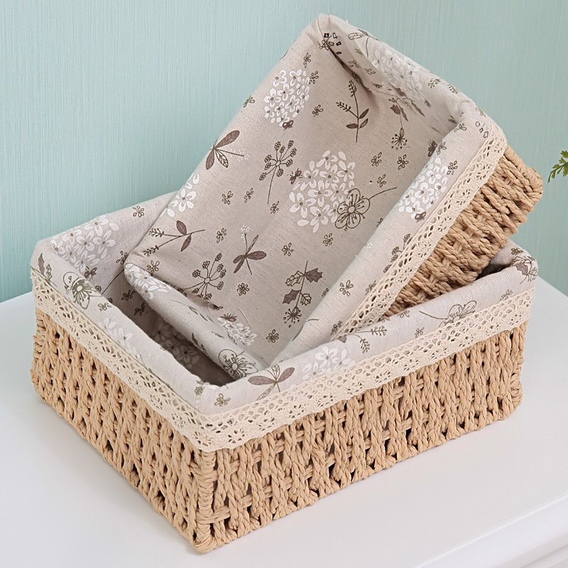 Pastoral Desktop Cosmetics Storage Box Coffee Table Remote Storage Basket Woven Basket Straw Key Snack Storage Box