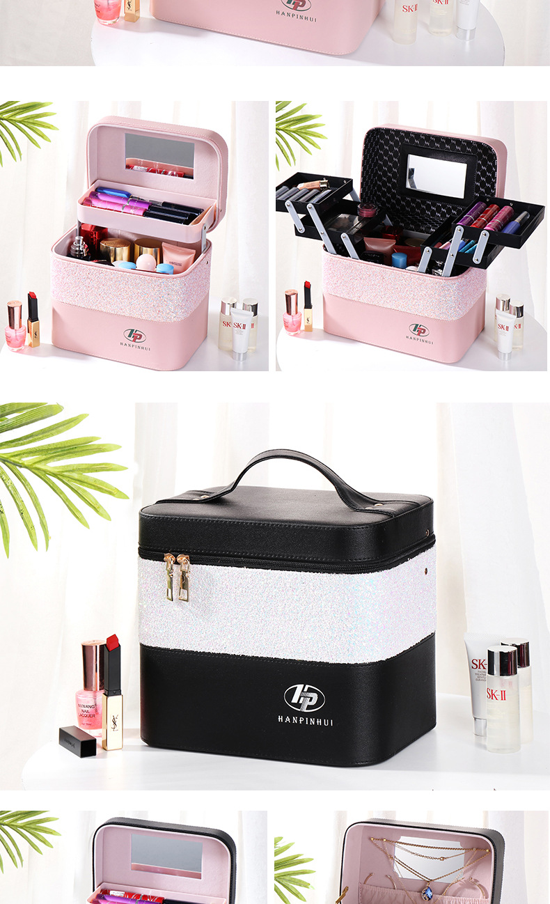 INS New Color Matching Large Capacity Cosmetic Bag Women's Portable and Simple Cosmetics Multi-Layer Storage Box Online Celebrity Suitcase Portable