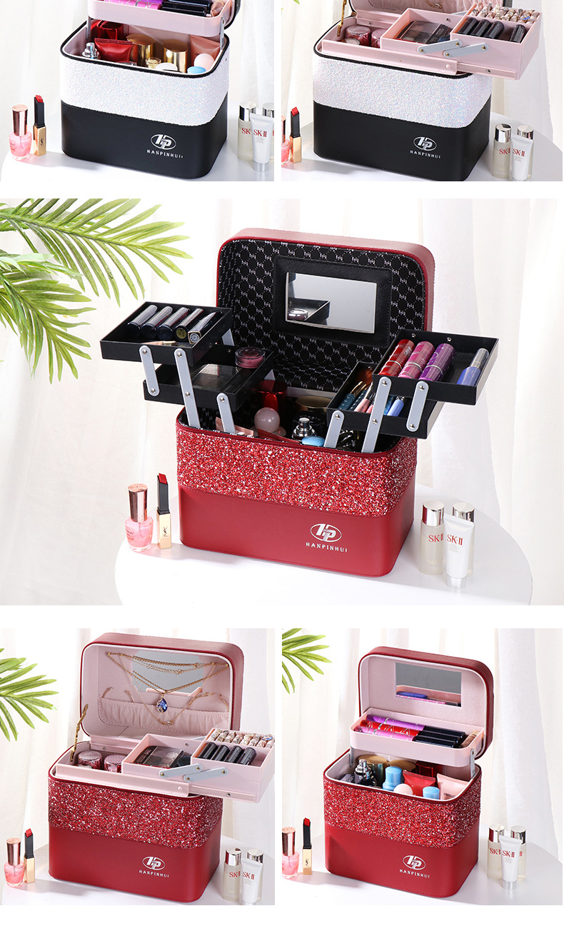 INS New Color Matching Large Capacity Cosmetic Bag Women's Portable and Simple Cosmetics Multi-Layer Storage Box Online Celebrity Suitcase Portable