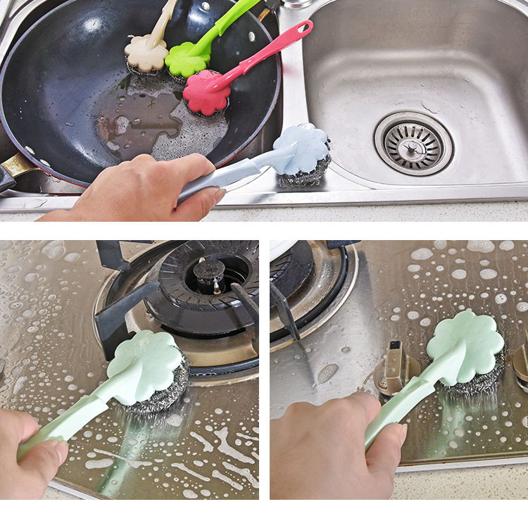 Steel wire brush with handle wash wash plum brush long handle pan brush clean ball