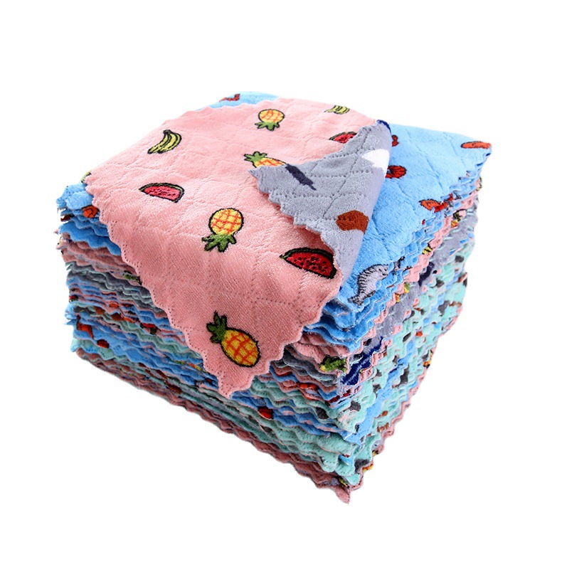 Coral Fleece Printed Rag Kitchen Dishcloth Housekeeping Cleaning Towel Absorbent Multifunctional Household Seamless Absorbent Towel