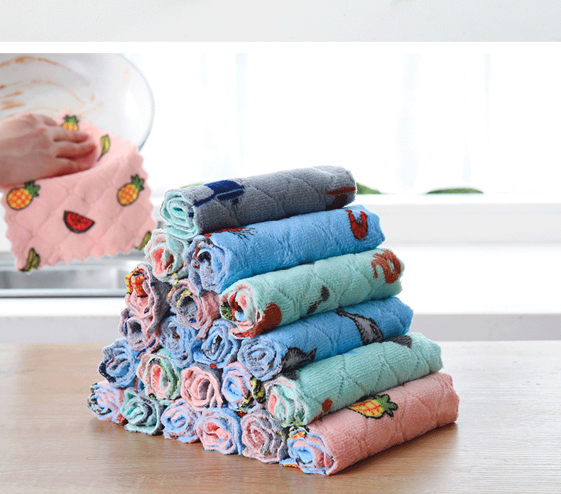 Coral Fleece Printed Rag Kitchen Dishcloth Housekeeping Cleaning Towel Absorbent Multifunctional Household Seamless Absorbent Towel