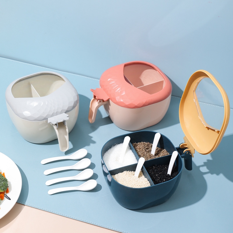 Z50-four Grid Condiment Dispenser Kitchen Supplies with Small Spoon Seasoning Containers Creative Seasoning Seasoning Bottle
