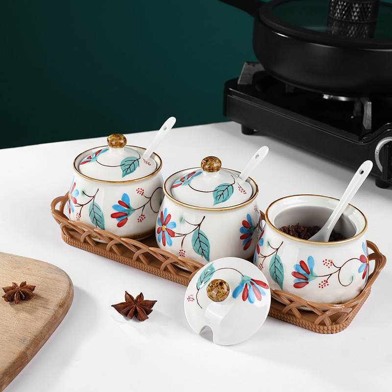 Japanese Pastoral Style Ceramic Seasoning Jar Seasoning Bottle Salt Jar Sugar/MSG Condiment Dispenser Home Use Set Combination Wholesale