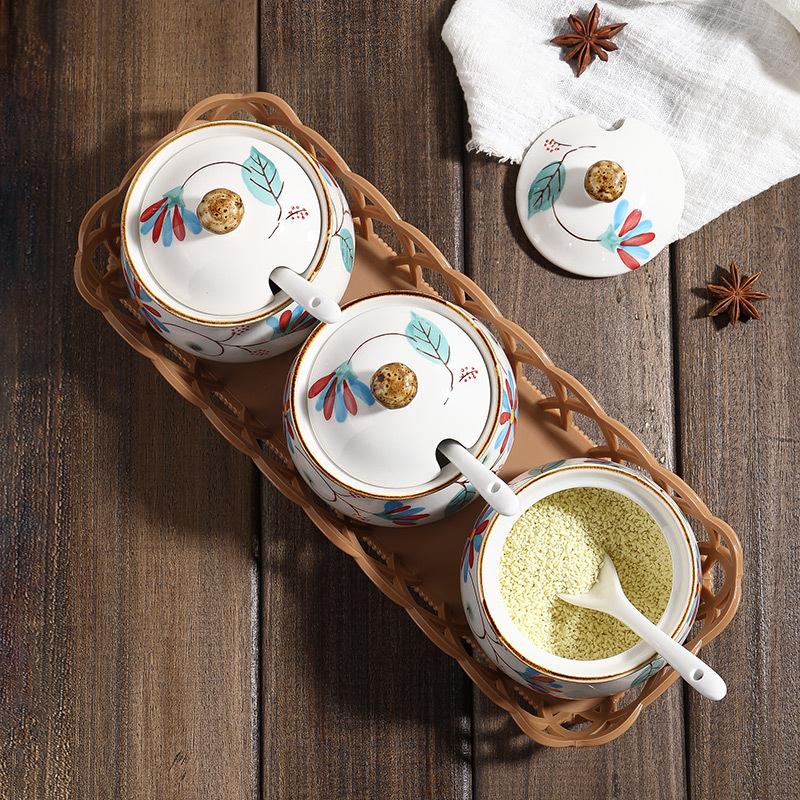 Japanese Pastoral Style Ceramic Seasoning Jar Seasoning Bottle Salt Jar Sugar/MSG Condiment Dispenser Home Use Set Combination Wholesale