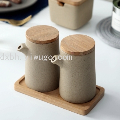 Japanese Bamboo Wood Pottery Clay Seasoning Jar Seasoning Box Creative Ceramic Seasoning Jar Seasoning Bottle Salt Jar