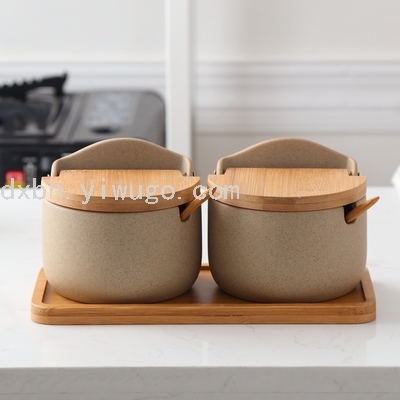 Japanese Bamboo Wood Pottery Clay Seasoning Jar Seasoning Box Creative Ceramic Seasoning Jar Seasoning Bottle Salt Jar
