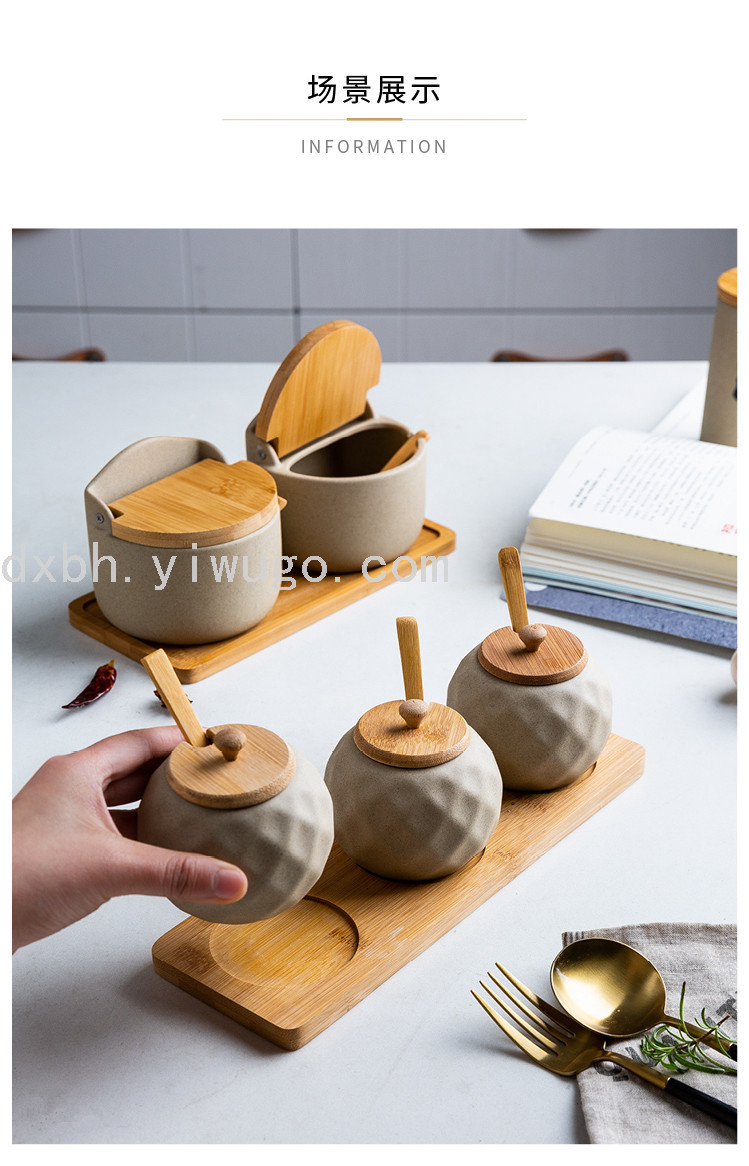 Japanese Bamboo Wood Pottery Clay Seasoning Jar Seasoning Box Creative Ceramic Seasoning Jar Seasoning Bottle Salt Jar