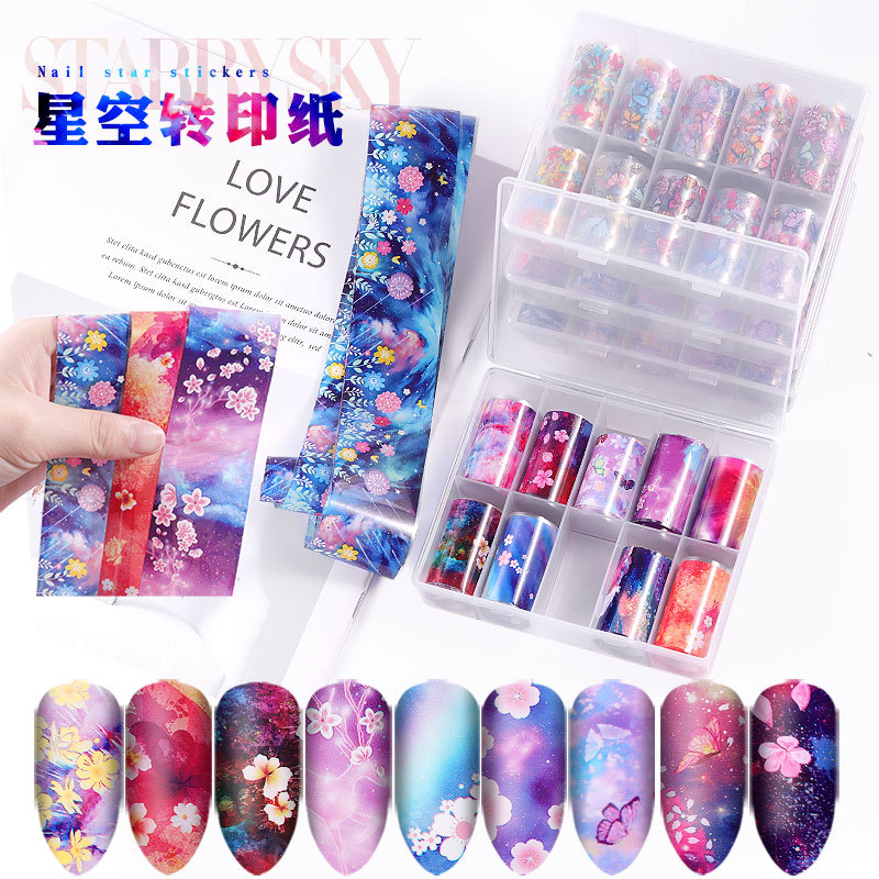 Cross-Border New Arrival Nail Art Flower Starry Sky Series Transfer Paper Internet Celebrity Nail Sticker Flower Laser Starry Sky Paper Decoration