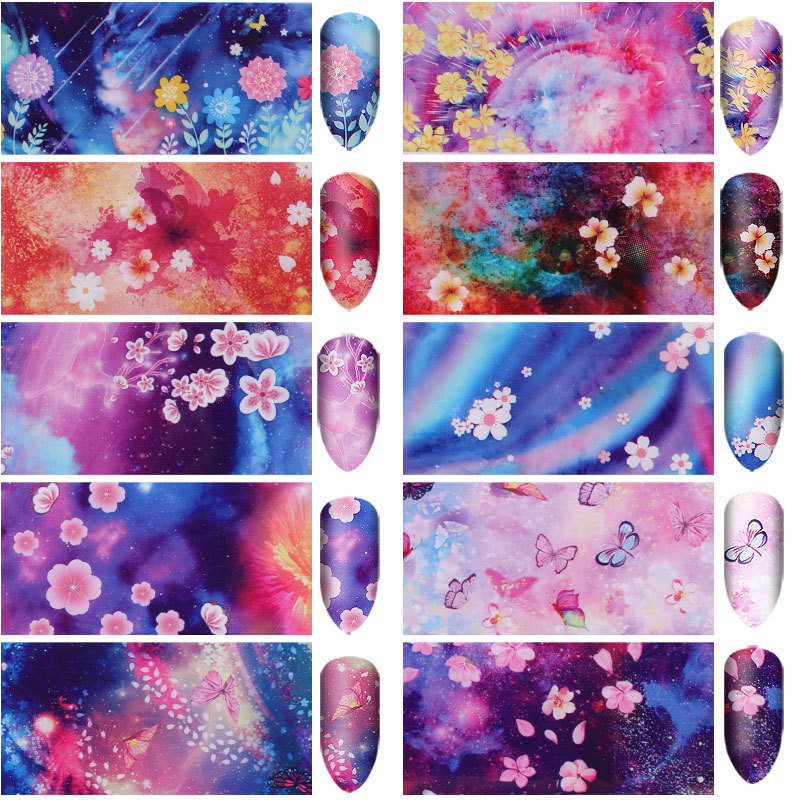 Cross-Border New Arrival Nail Art Flower Starry Sky Series Transfer Paper Internet Celebrity Nail Sticker Flower Laser Starry Sky Paper Decoration